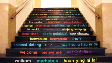 ISS staircase - welcome in several languages