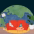 The image features a collage of clip art. In the background is a large image of the world globe against a dark green background. A red couch is in the centre of the photo. A gray cat stretches its arms across the cushions. Next to the couch is a plant and a lamp. In front of the couch is a small table with books topped with a coffee cup.