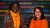 Students Emily and Rizky sit on a set of stairs with multicolor text