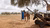 Woman in blue dress giving water to a horse. Dry, sandy landscape with a few trees in the background