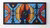 Stained-glass design: central black profile silhouette of two faces on orange orb, flanked by blue and red forms