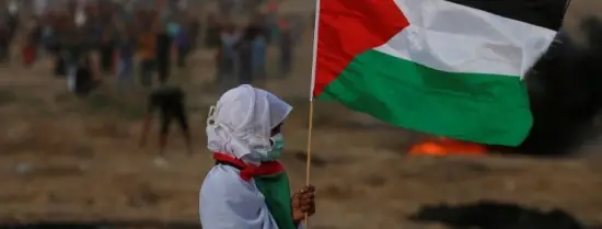 Woman holding Palestinian flag at Israel-Gaza border
